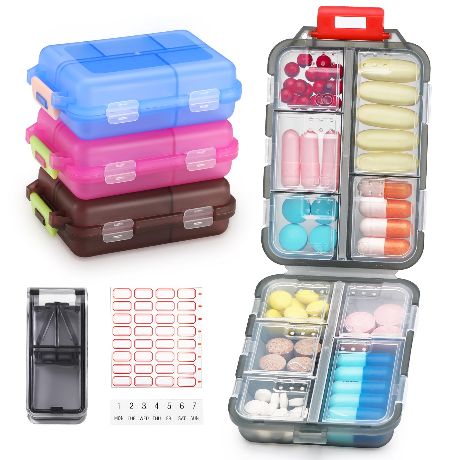 4 Pack Travel Pill Organizer, WLU Portable Pill Case, 10 Compartments Small Pill Box, Pocket Pharmacy with Labels and Pill Cutter, Mini Daily Weekly Medicine Organizer Box (Multi-Colored)