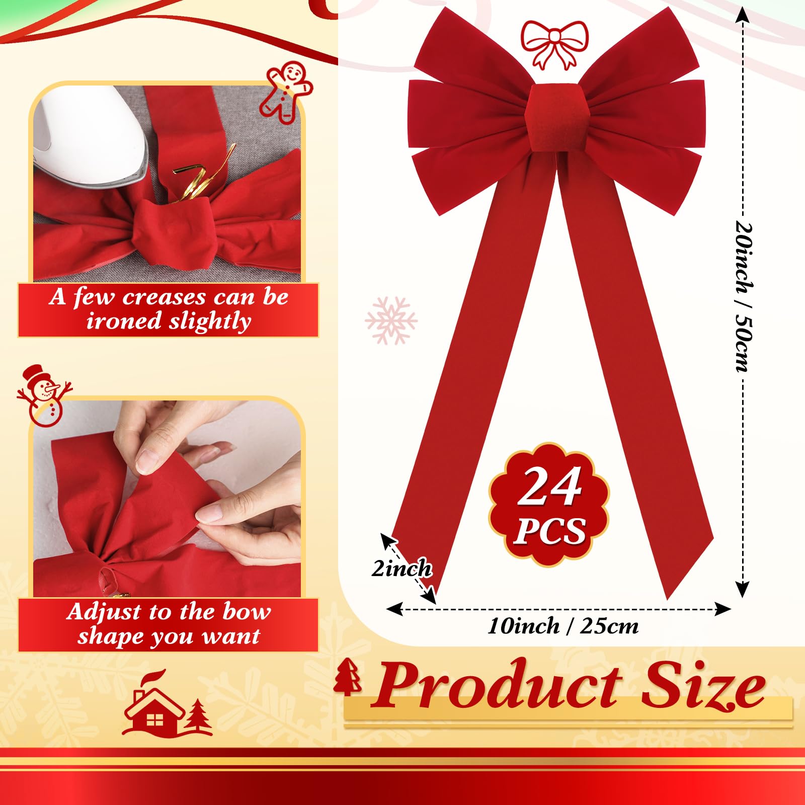 24 lazos rojos de Navidad de 10 x 20 pulgadas, lazos de terciopelo rojo de Navidad, lazo grande para corona de Navidad, decoración de árbol de Navidad, decoración de vacaciones