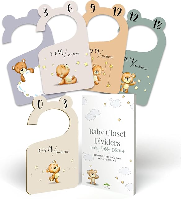Tiny Trees Baby Wardrobe Dividers in Gift Box - 8X Unisex Baby Clothes Dividers 0-24 Months - Newborn Baby Gifts for Parents, Baby Clothes Organiser and Nursery Closet Age Divider - Teddy Edition