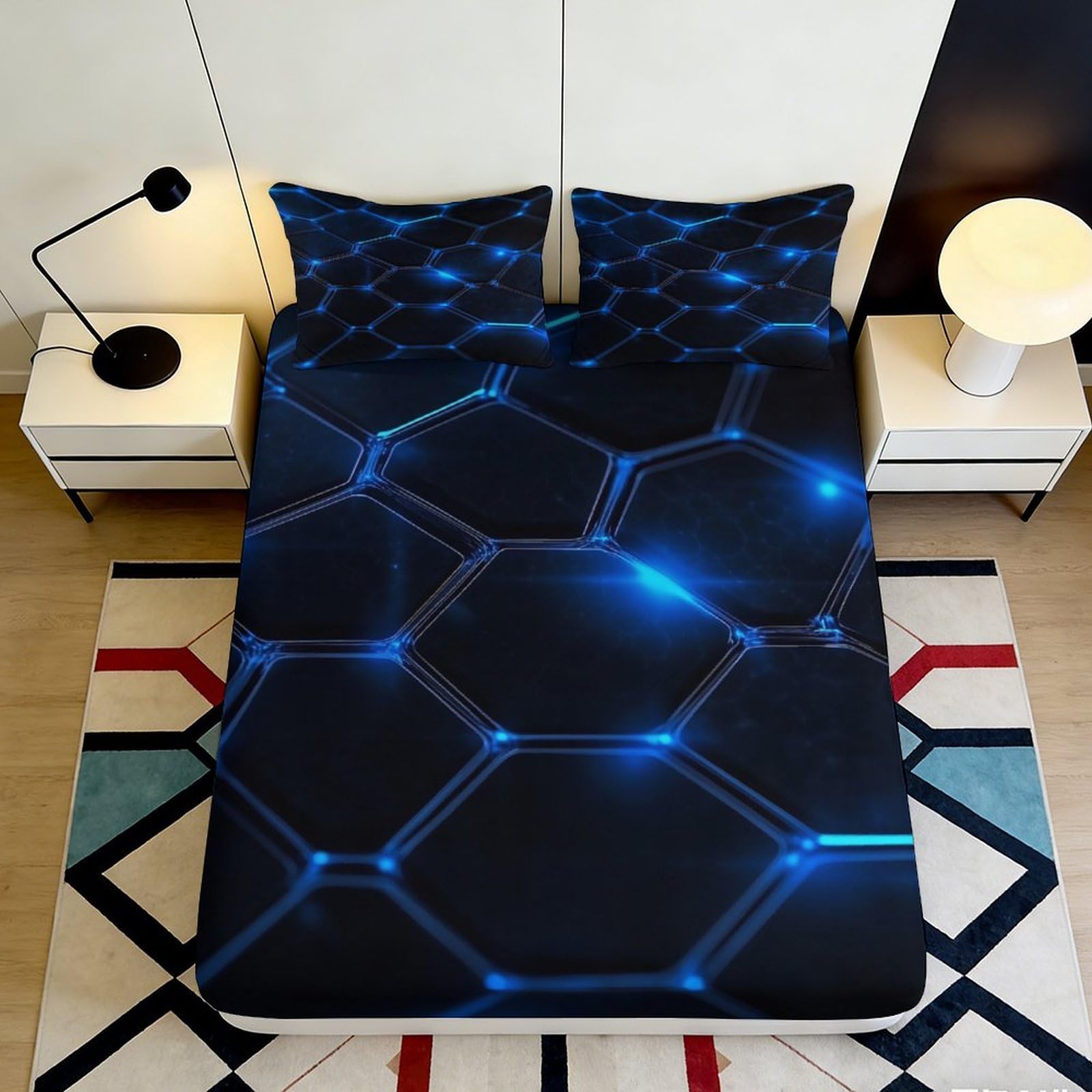3D Printed Honeycomb Fitted Sheet Microfiber Non-Slip Deep Pocket Hexagon Mattress Fitted Cover Breathable Bedding 200x200x25cm