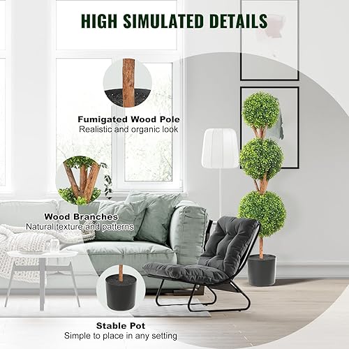 Miniatura 5 de Árbol topiario artificial de boj, 48 pulgadas de alto (2 piezas), árbol topiario sintético en forma de triple bola, planta sintética verde con hojas