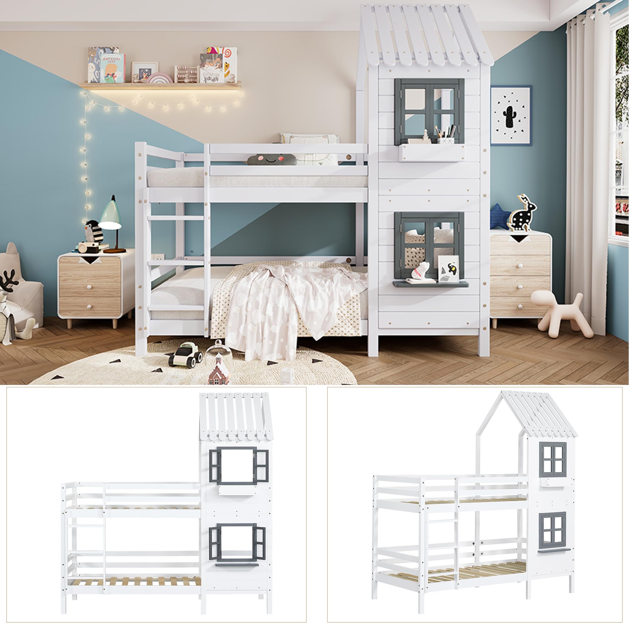 Stapelbed, Huisbed Met Ladder, Kinderbed Met Valbeveiliging En Leuningen Grenen Frame Wit 90 X 200 En 140 X 190 Cm