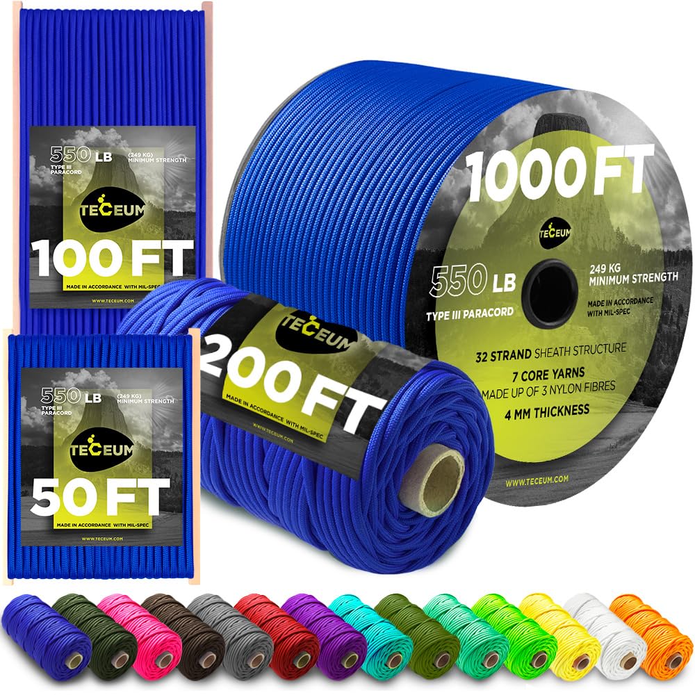 TECEUM Paracord Type III 550 Einfach Blau (Simple Blue) – 15 m – 4mm – Taktisches Seil – Outdoor-Paracord – Für Camping & Wandern – EDC-Fallschirmseil – Robustes Überlebensseil (50 ft) 001