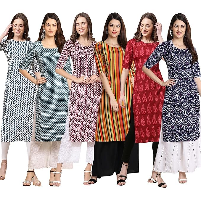 Pinkmint Women's Crepe Digital Print Straight Kurta [Pack Of 6] (Bd-331-351-347-356-337-375-L)