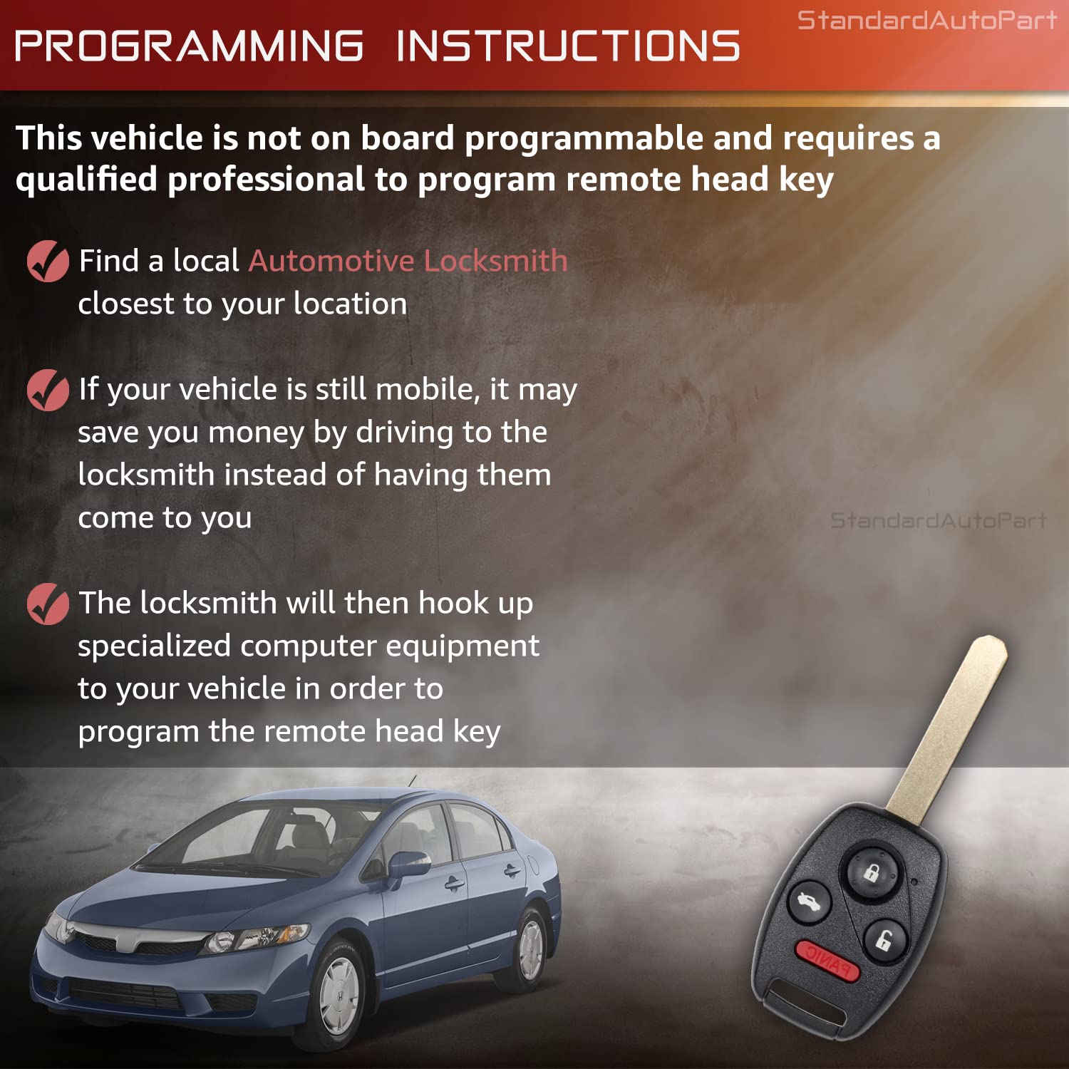 StandardAutoPart Chiave di ricambio per telecomando auto Civic 2006 2007 2008 2009 2010 2011, 4 pulsanti fob N5F-S0084A
