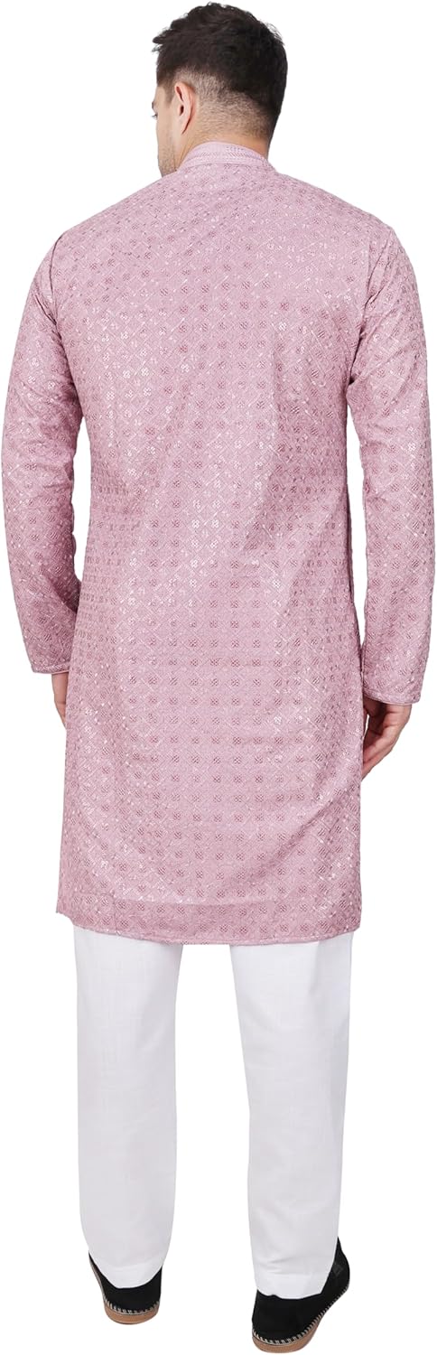 TRILOKI Mens Embroidered Sequined Kurta Pajama Set Rayon Ethnic Indian Traditional Wear Ethnic Diwali Puja Kurta Payjama Set - Image 3