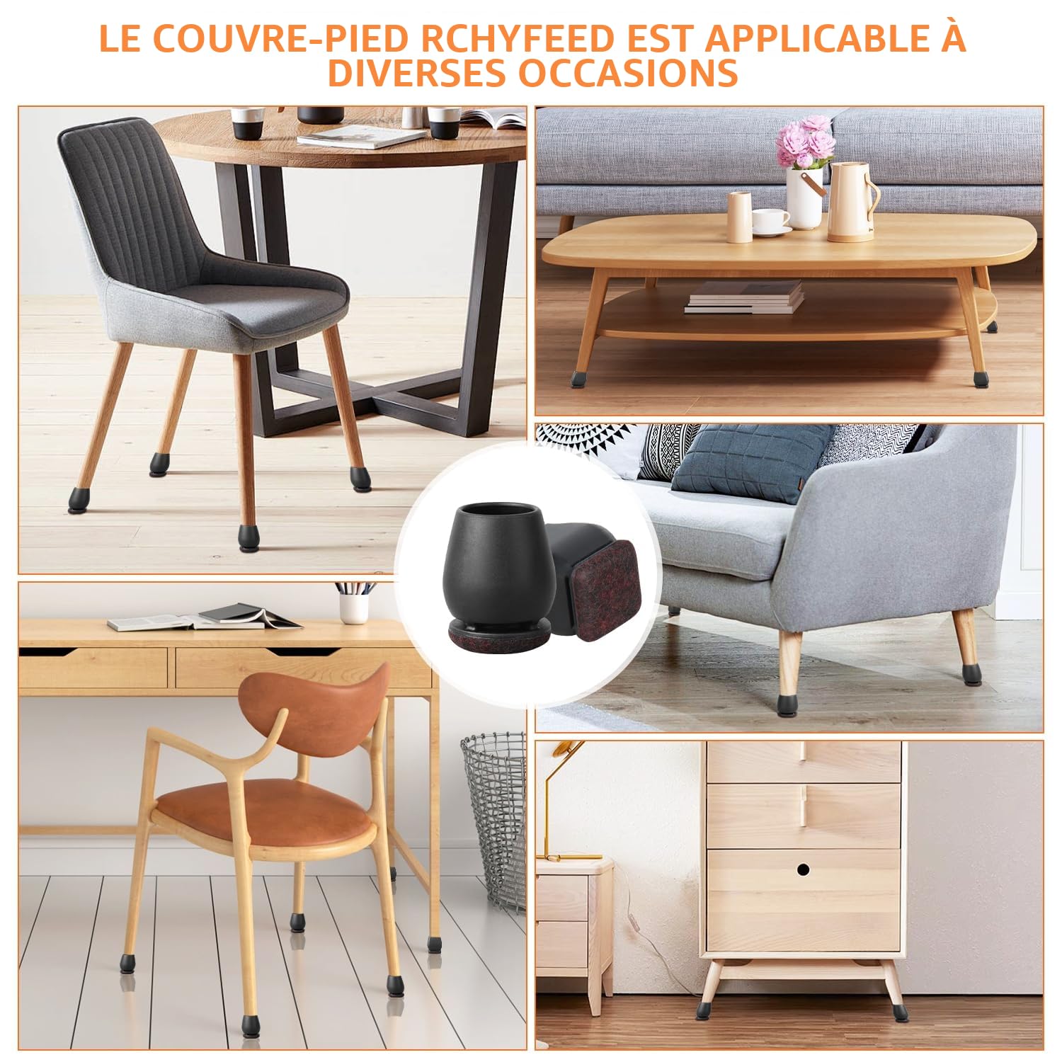 RCHYFEED Protection Pied de Chaise, 24 Pièces Protecteurs de Sol en Silicone Noir, Chaise Protecteurs de Sol en Silicone, Petit Patin de Tampon de Sol pour sols en Bois Dur et carrelage, Ronde16-19mm