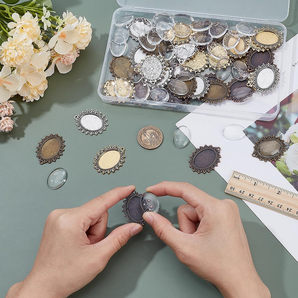 PH PandaHall 40 Pendant Tray Kit, 40pcs 4 Colors Earring Pendant Blank Bezels Oval Cabochon Settings and 40pcs 18x25mm Clear Glass Cabochons for Cameo Wedding Bouquet Graduation Photo Charm - Image 4