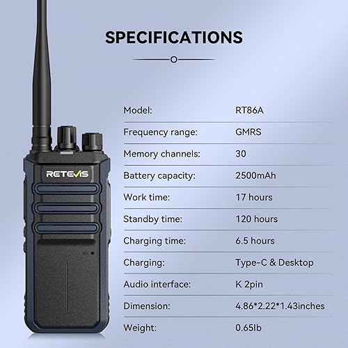 Miniatura 8 de Retevis RT86A Walkie Talkies de Largo Alcance, Radio Bidireccional de Alta Resistencia con Micrófono, Radio GMRS de 2 Vías, Llamada de Grupo,