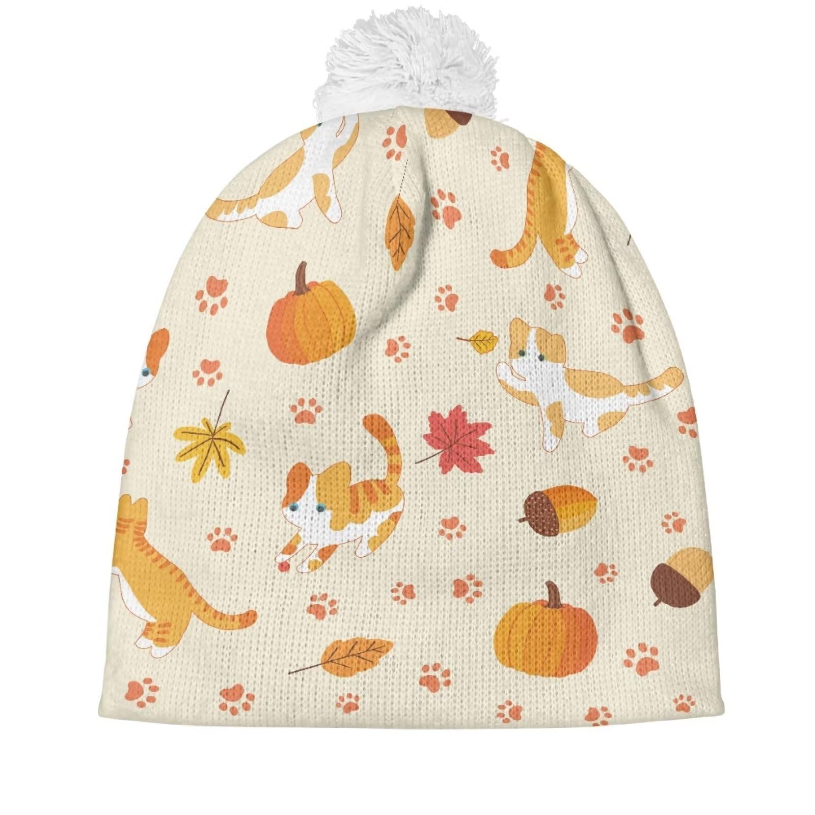 Hechitok Knit Winter Pumpkin Cat Beanie Hats, Beanie Knit Soft Warm Cuffed Hat for Girls Boys for Work Vacation Spring Autumn, White Ball