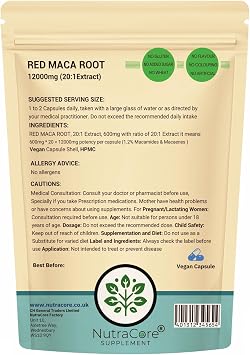 Red Maca Root 12000mg (20:1 Extract) – High Strength Maca Capsules for Energy, Stamina, Hormonal Balance & Vitality – 1.2% Macamides & Macaenes – Vegan, Non-GMO, UK Made-NutraCore (90)