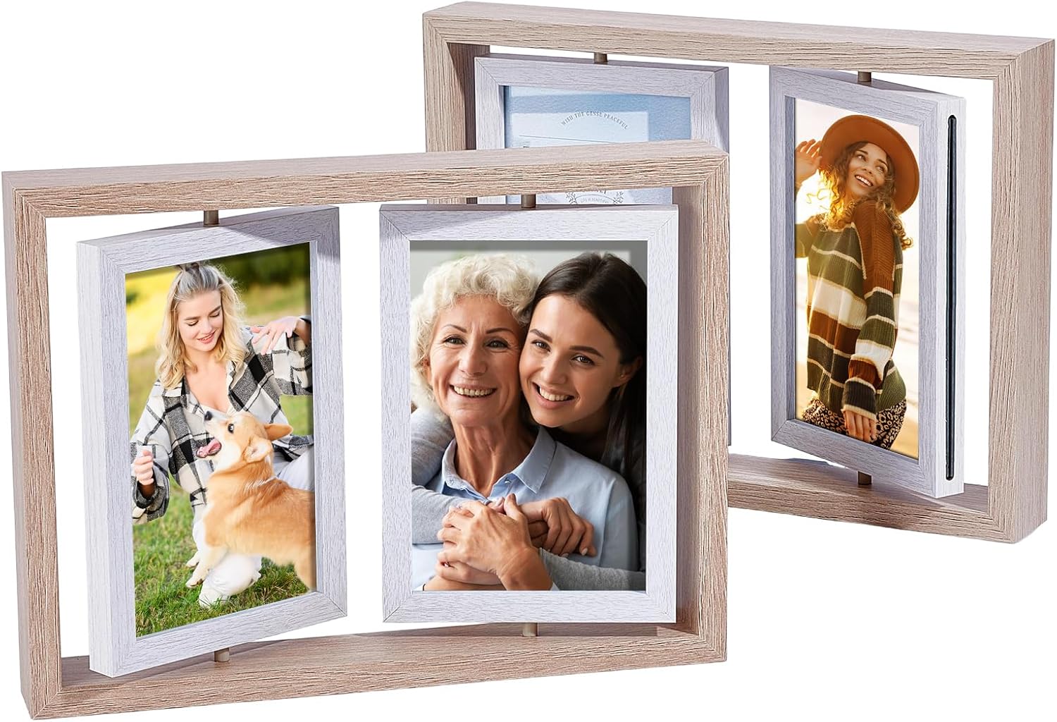 2 Pack Wood Glass Rotating Frame, 4x6 Double Sided Swivel Photo Frame Desk Picture Frame Wooden Photo Frames 360 Degree Tabletop Frames for Display Artwork Plant Specimen, Antique White