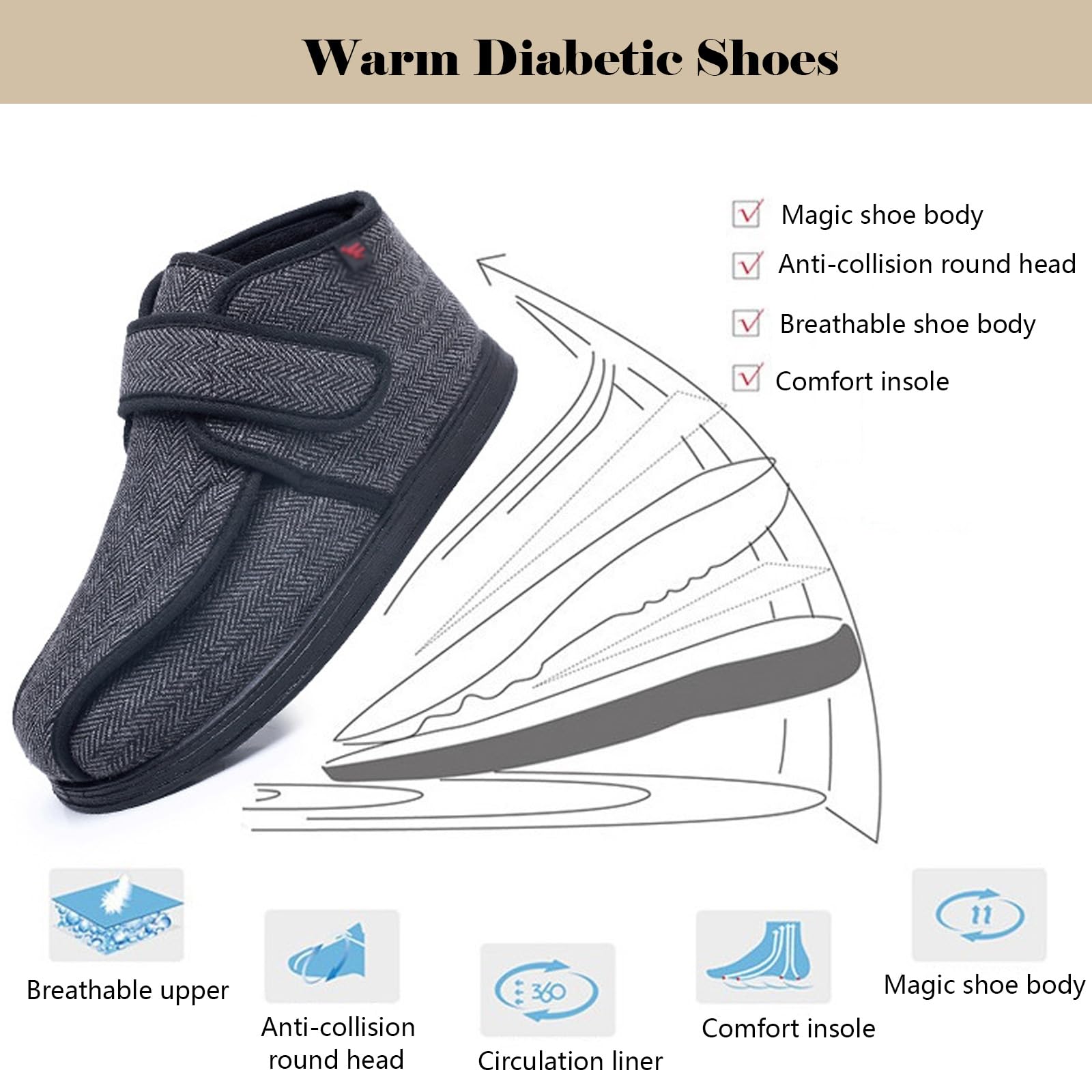 bumuam Zapatos para diabéticos para pies hinchados,Ajustable Zapatos Turgente Pies Diabéticos, Anciano Cómodo Botas, Diabético Obesidad Zapatillas EU 39(25cm/9.8in)