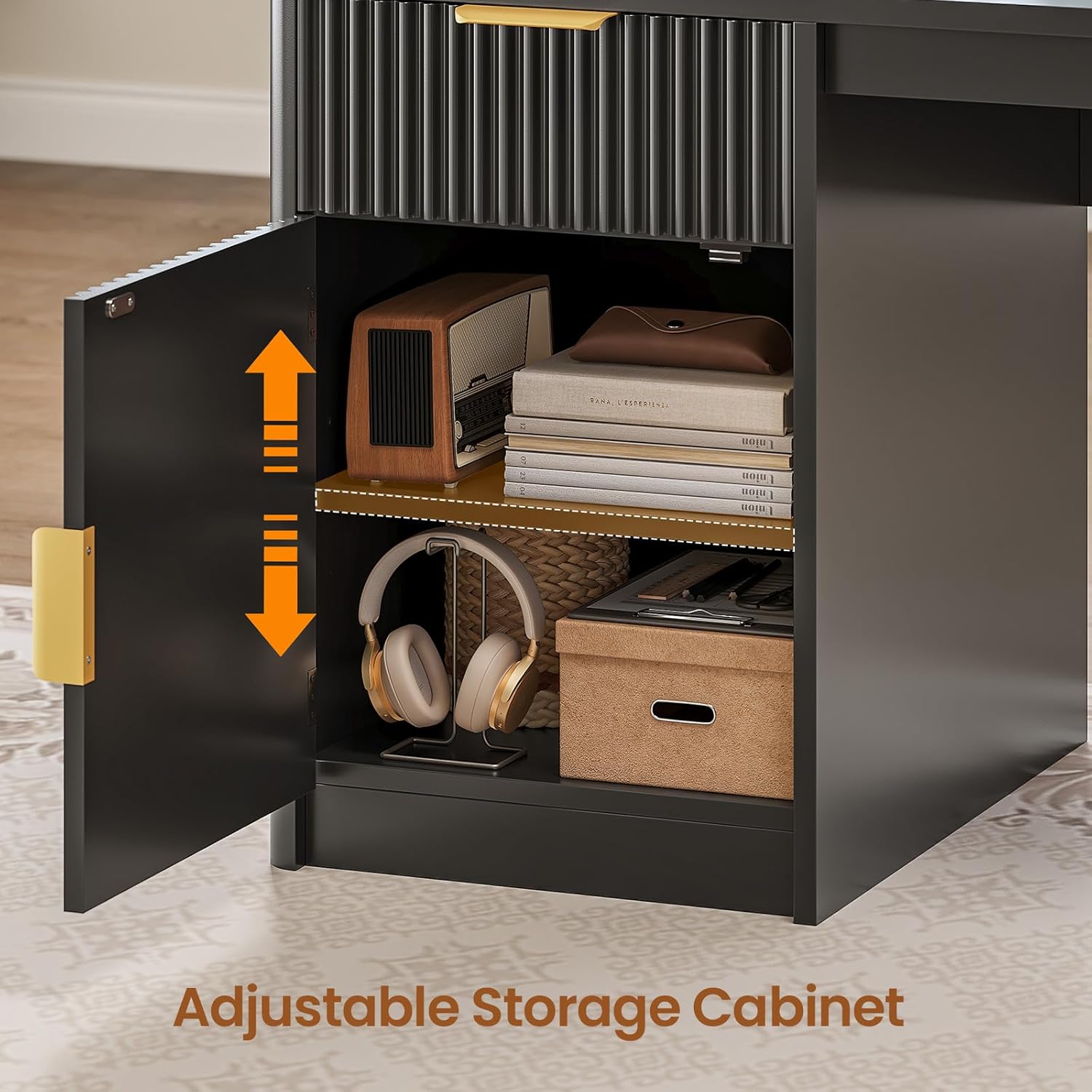 Image showing an open cabinet door with an adjustable shelf inside, indicated by arrows.