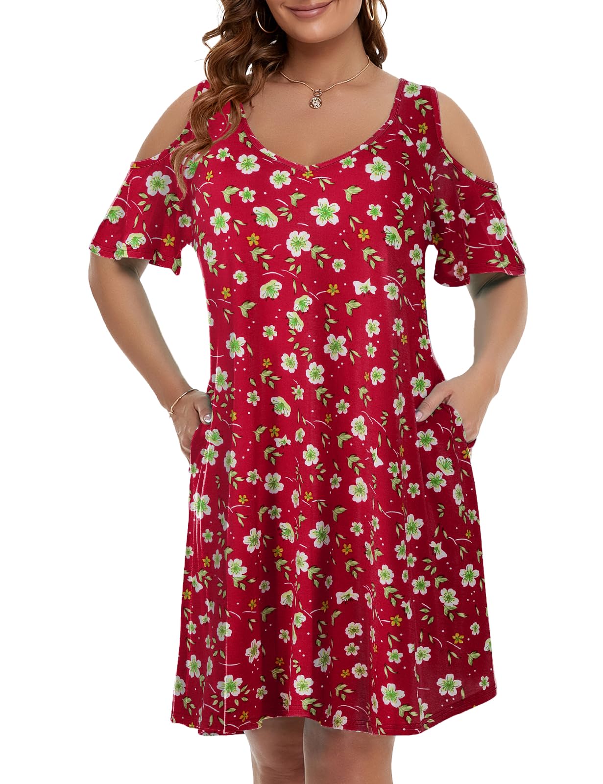 JollieLovin Womens Plus Size Short Sleeve Cold Shoulder V Neck T-Shirt Dress with Pockets