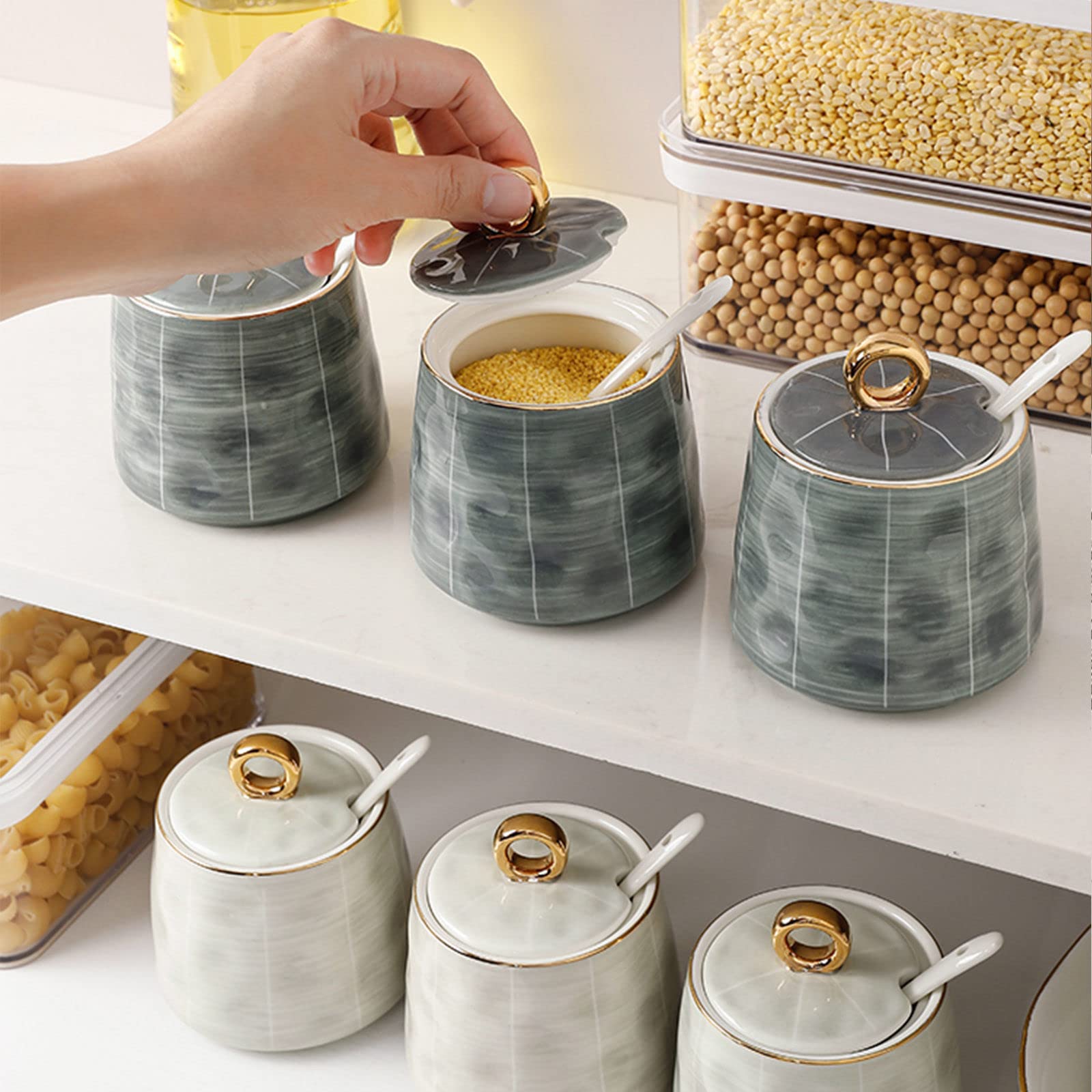 ceramiczna cukiernica, cukiernica, cukiernica z pokrywką i łyżeczką, 300 ml (10,6 uncji) ceramiczny słoik do przechowywania cukru Dekoracja stołu, do kawiarni, restauracji, Home-szary (kolor: Grijs, r