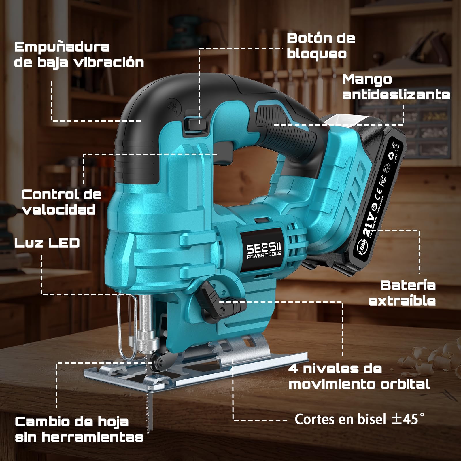 Seghetto Alternativo a Batteria Seesii 21V, Seghe da traforo Elettrico con 2 Batterie da 2.0 Ah, Velocità Variabile 2800 Giri/Minuto per Taglio Legno, Illuminazione LED, Tagli Obliqui 0°-45°