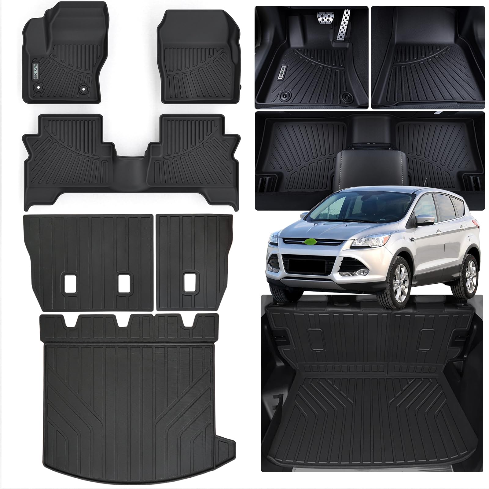 WAYIDSS Floor Mats & Trunk Mat & Backrest Mat for 2013-2018 2019 Ford Escape,TPE All Weather Protection Car Floor Liners with Cargo Liners Velcro Covering The Backrest