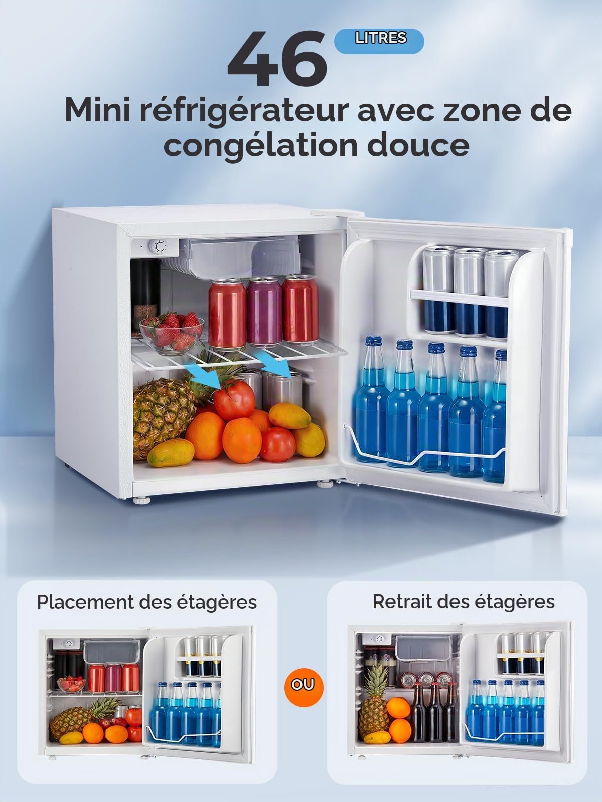 FOHERE Mini Réfrigérateur 46L, Petit Frigo Compact et Thermostat Réglable, Silencieux, Porte Réversible, Faible Consommation d'Énergie, Idéal pour Cuisines, Bureaux et Salons,Blanc