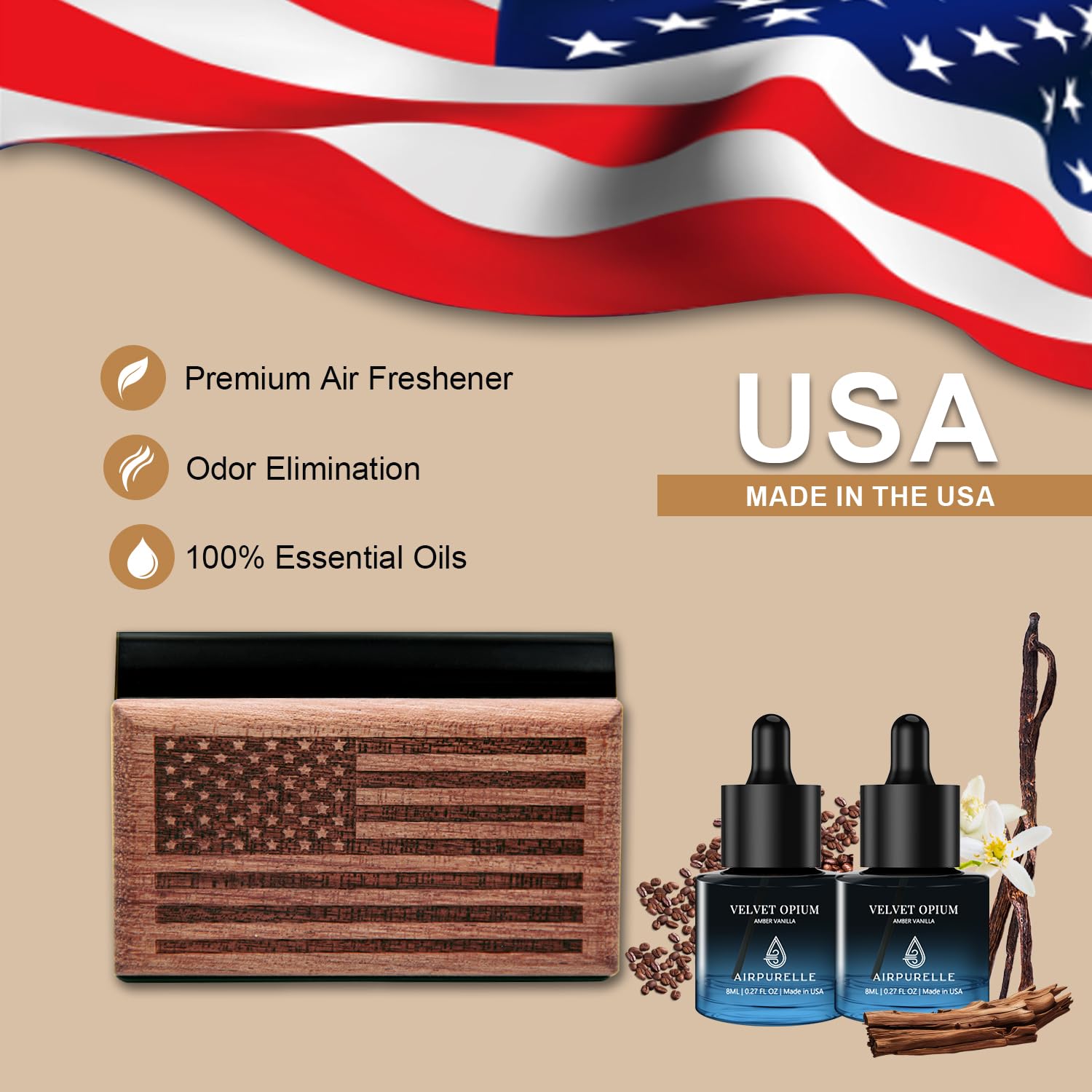 AirPurelle Ambientador de coche para hombre, más de 90 días, ambientador de coche de larga duración, ambientador de madera con aroma a vainilla ámbar, incluye 2 recambios de aceite esencial de 8 ml,