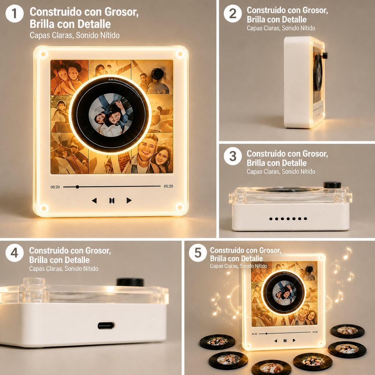 Imanes Personalizados Nevera con Música y Foto Reproductor de Música con 9 Mini Vinilos, Marco Fotos Magnético Luz LED, Caja Música NFC Regalo Aniversario Pareja
