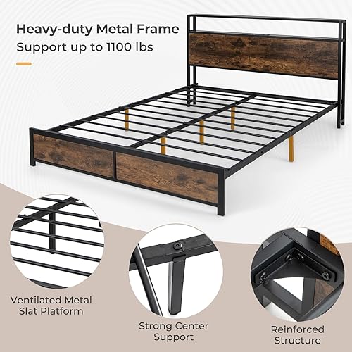 Miniatura 32 de Giantex Base de cama tamaño Queen con 4 cajones, base de cama de plataforma metálica industrial con estribo, agujeros reservados para cabecera, base