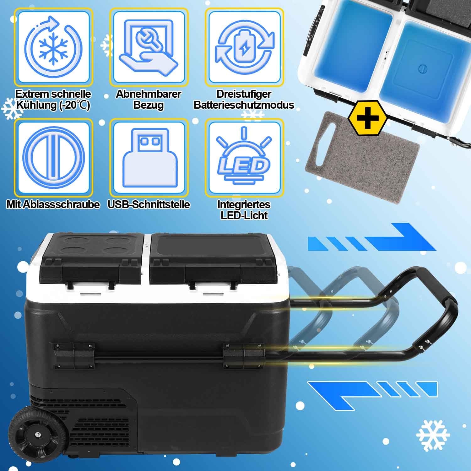 Kompressor Kühlbox 50L, Elektrisch Gefrierbox Zwei Zonen und Doppeltüren, Kühlbox 12 V/24 V bis -20 °C mit Bluetooth-Steuerung, Anti-Shake, Tragbar, für Camping, Reisemobil