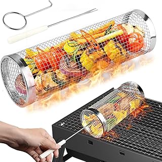Grilling Basket, Rolling Grilling Baskets, BBQ Net Tube Stainless Steel Rolling Grilling Basket Cylinder Grill Basket Bbq Cylinder Mesh Grill Cage BBQ Grill Net Rolling Bags Grill Rack Camping Accessories for Outdoor Grill,Vegetables,Fish,Meat(30CM)