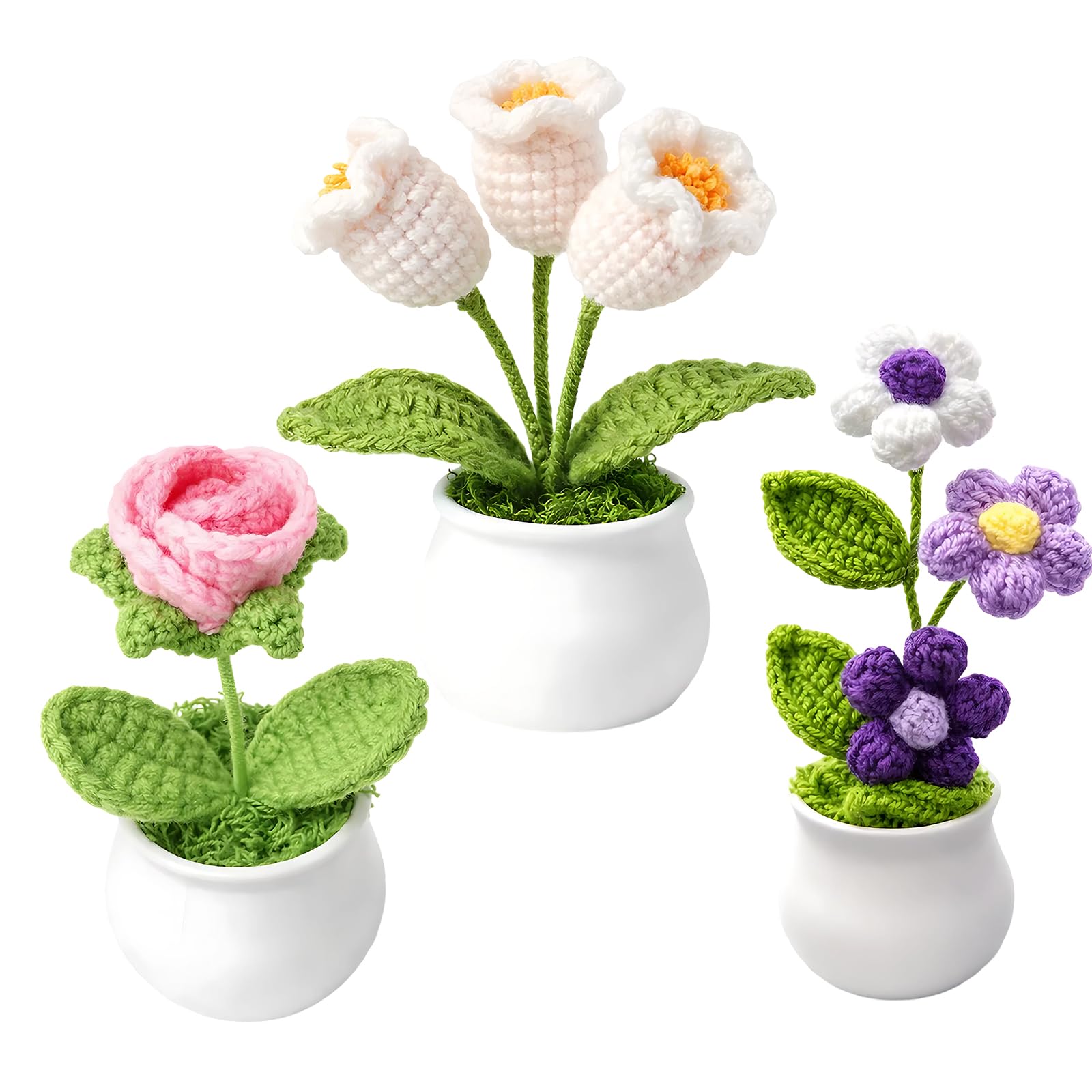 DNTHYRIN 3Pcs Crochet Flowers, Knitted Flowers Crochet Plant Set, Purple Puff Tree, White Lily of the Valley, Pink Rose Arrangement, Handmade Floral Display for Home Decor