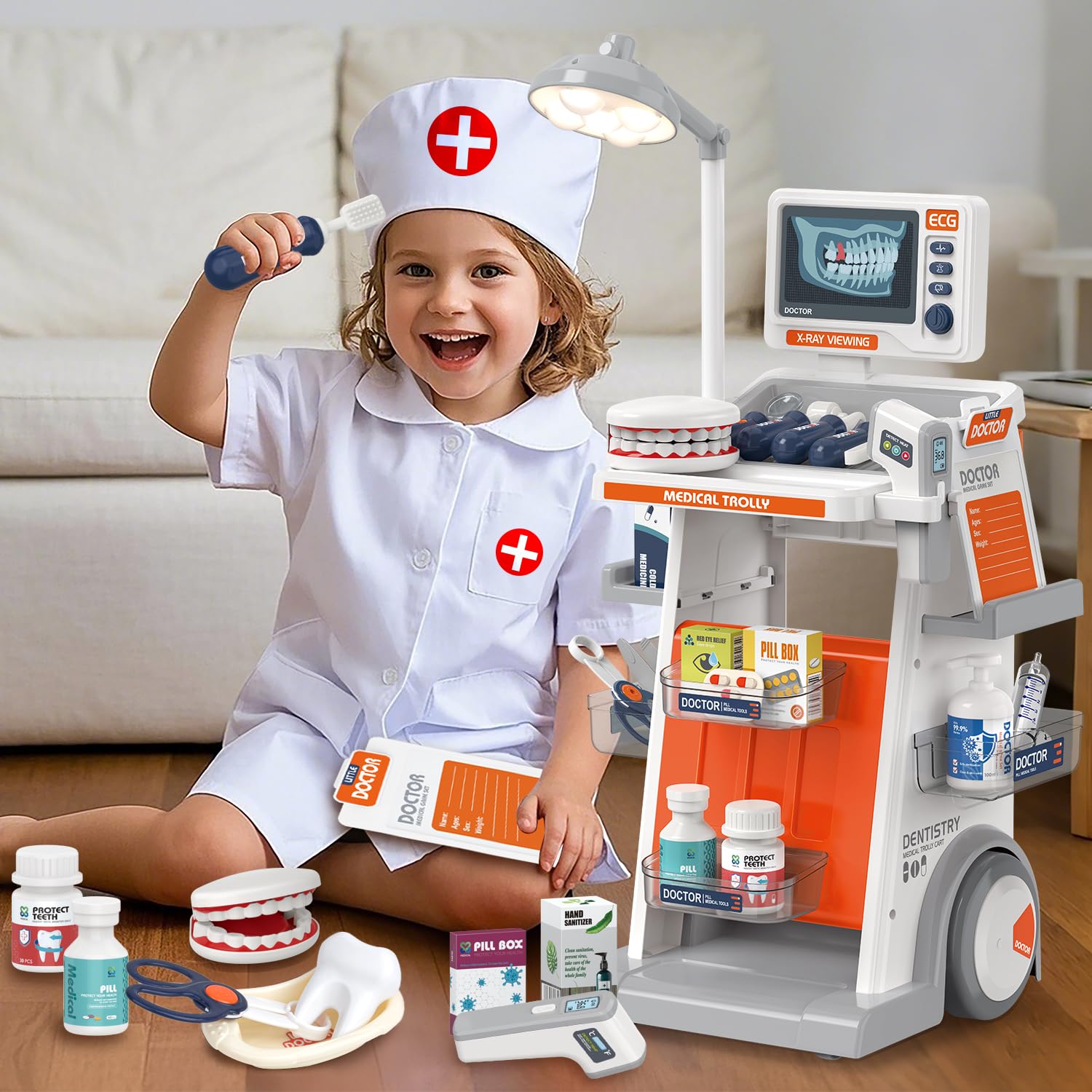 Mallette Docteur Enfant,Jouet Docteur avec Chariot 28Pièces Kit du Docteur Médicale Jouet avec Stéthoscope, Thermomètre, Seringue,Jeu d'imitation Cadeau pour Fille Garçon Enfant 3 4 5 6 7 Ans
