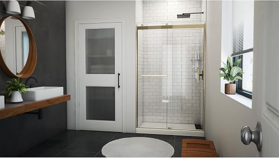 DreamLine Sapphire-V 44-48 inch W x 76 inch H Semi-Frameless Bypass Shower Door in Brushed Gold