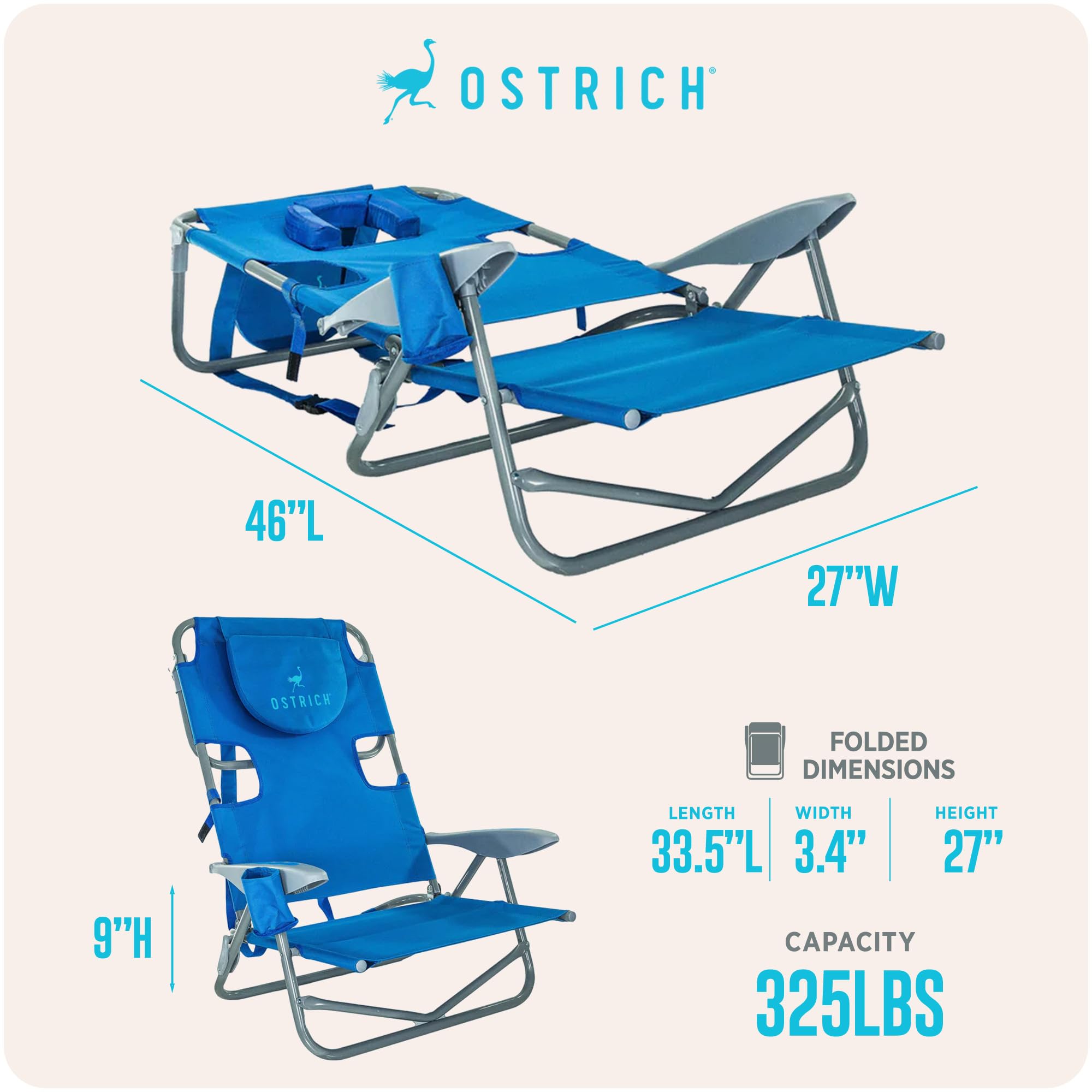 Ostrich The Heavy-Duty Backpacker Portable Beach Chair with Face Hole | Adjustable Lounge Chair with Face Opening Cup Holder 325lb Capacity Blue product thumbnail 4
