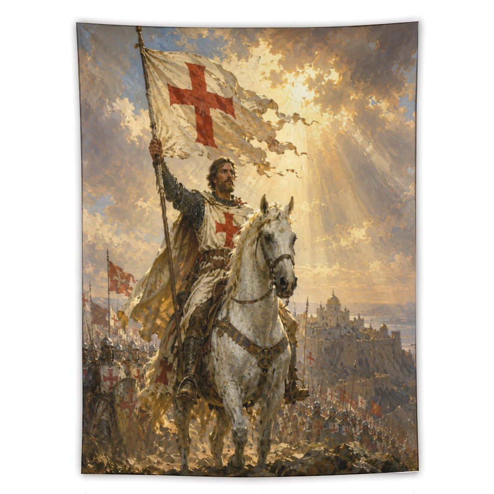 W7C8U2X3 Crusader Knight Wall Tapestry, Medieval Illustration, Room Divider