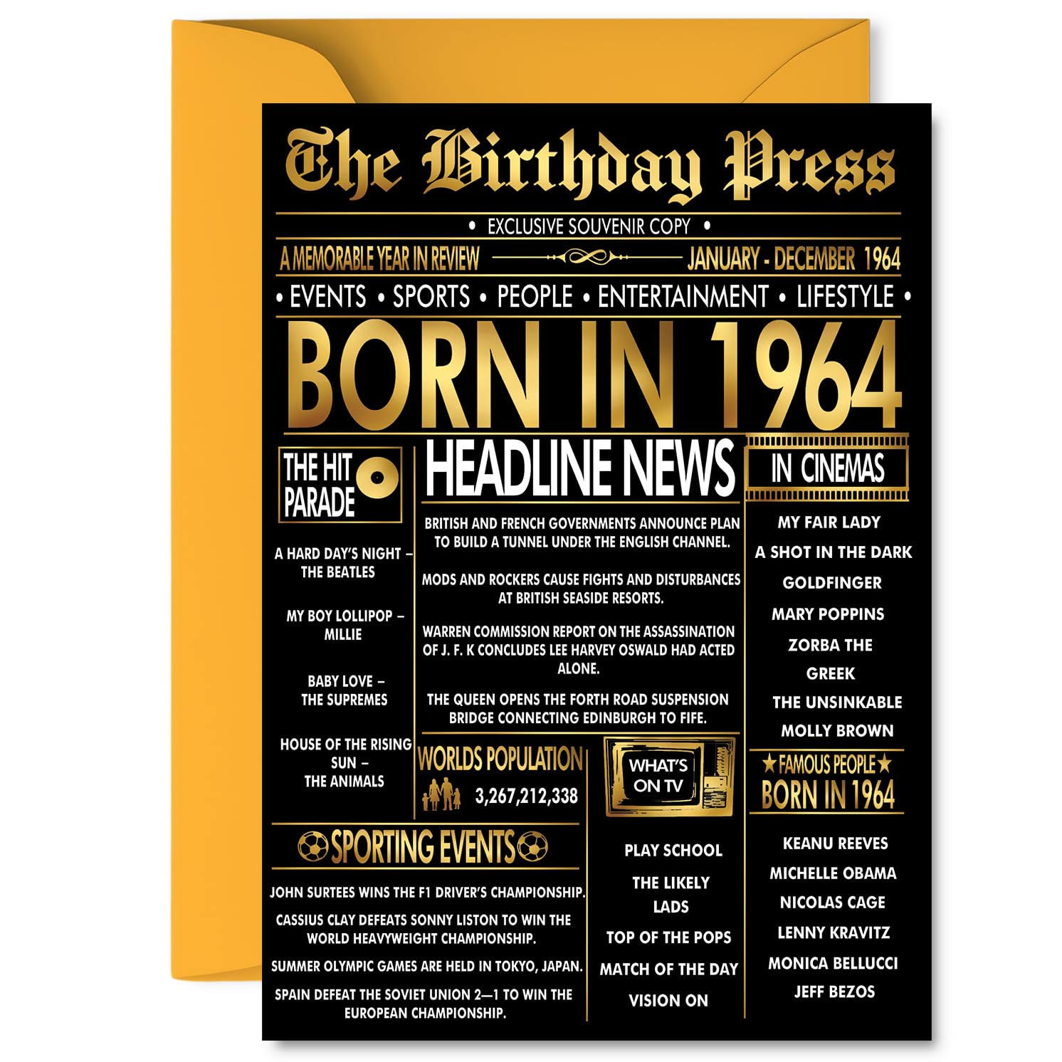 Gold 62nd Birthday Card for Men Women - Black & Golden Newspaper Born in 1964 - Happy 62 Birthday Cards for Auntie Dad Uncle Grandad Neighbour Friend, 5x7 Inch Bday Greeting Cards