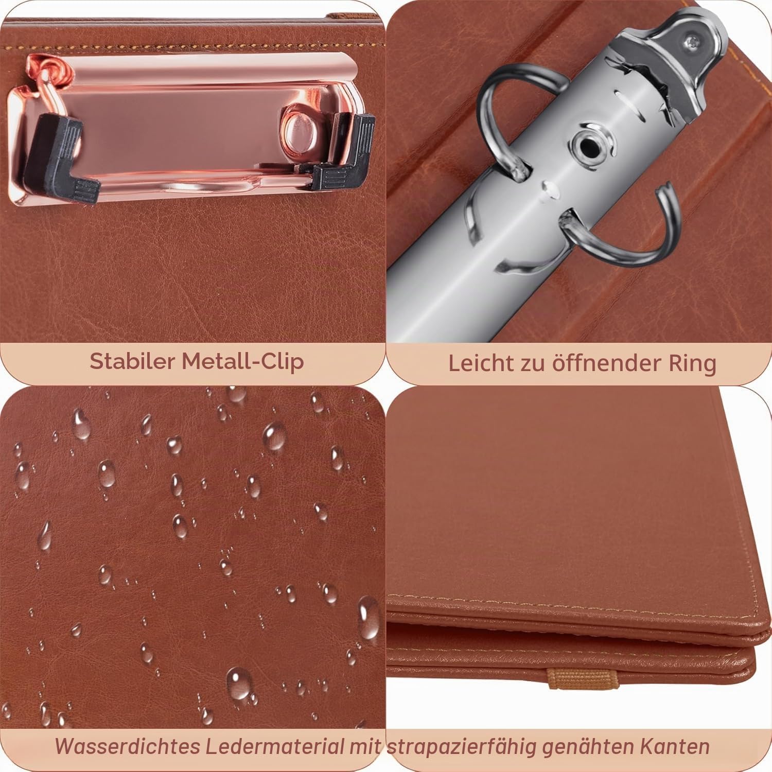 HAUTOCO Klemmbrett A4 Ordner, Ringbuch Mit 3 Ringen 25 mm, PU Leder Ringordner Schmal, Aktenordner Mit 5 Dokumententaschen, Klemmbrett Mit Deckel für Studium, Büro, Braun
