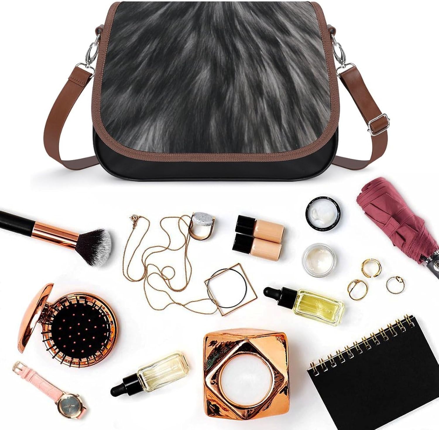 Luxury Faux Fur Print Black Gray Mink Animal HairWomen's Faux Leather Crossbody Bag, Waterproof Wrinkle-Resistant Shoulder Bag with Detachable Strap, Large Capacity Casual Handbag, Fashion Daily Purse