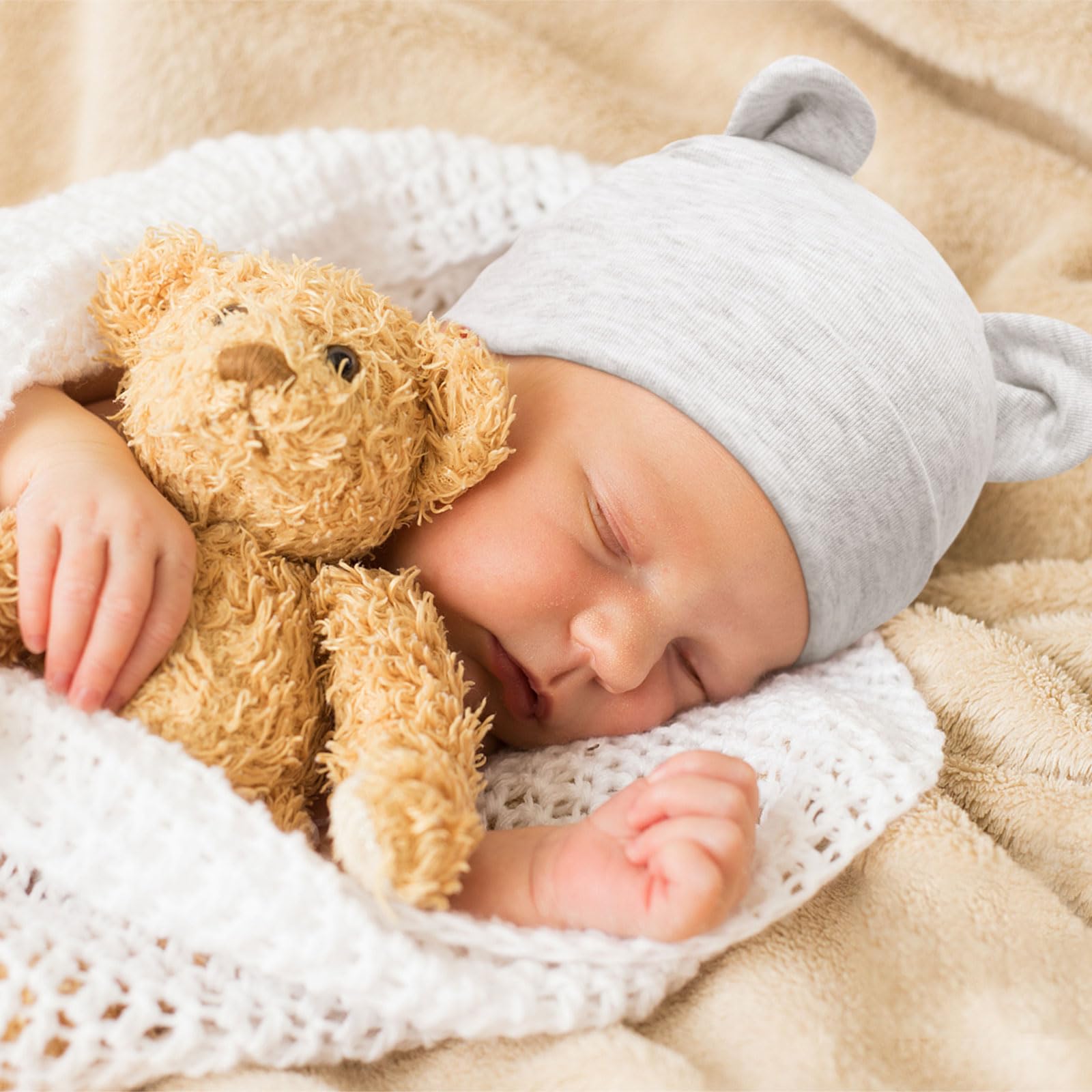 DRESHOW BQUBO 4 Pieces Baby Beanie Newborn Toddler Soft Cute Knit Hat Hospital Hats for Baby Boys Bear Ears Infant Beanie for 0-6 Months
