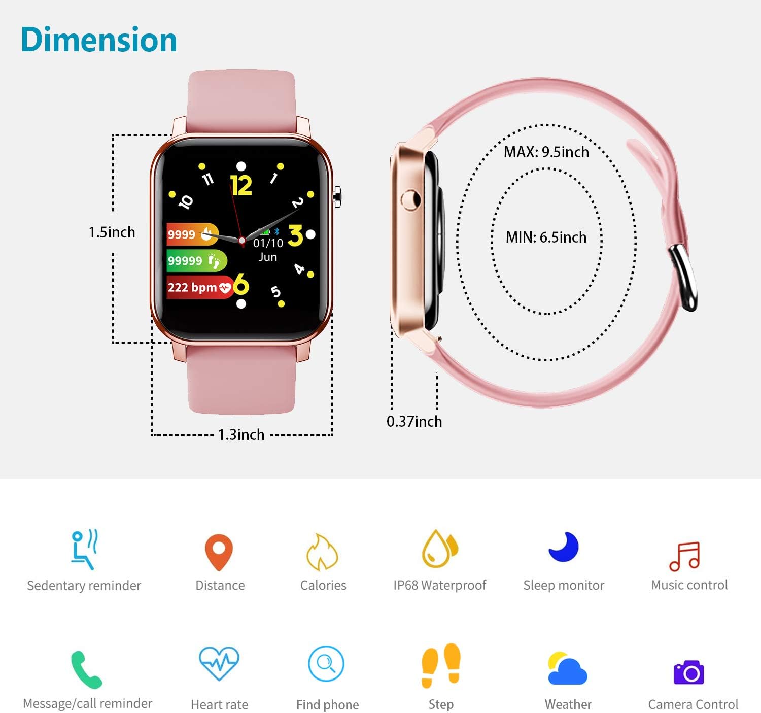 IFOLO Smart Watch dimensions and icons for features like sedentary reminder, distance, calories, IP68 waterproof, sleep monitor, music control, message/call reminder, heart rate, find phone, step, weather, camera control