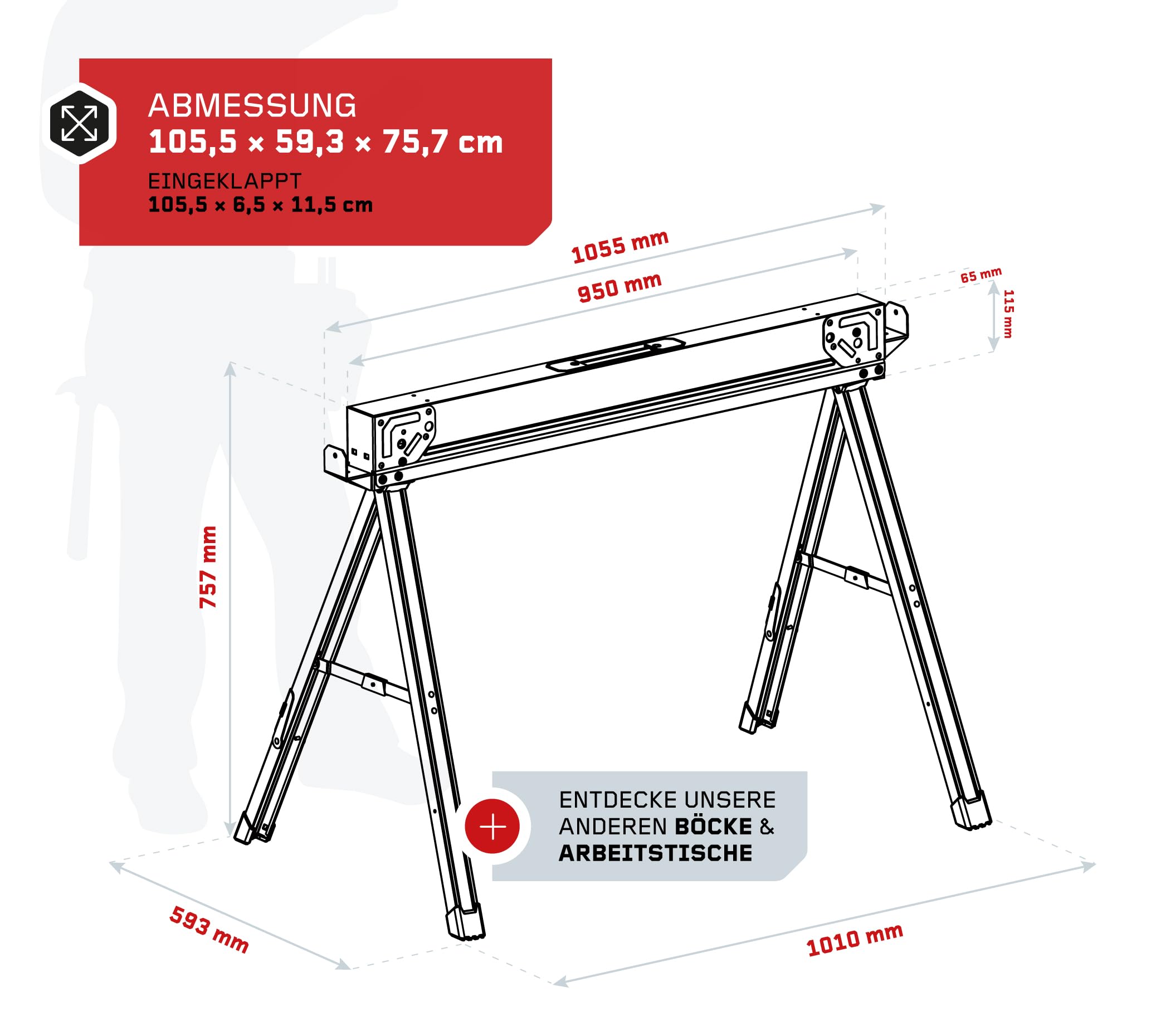 Forta Duo 2er-Set klappbare Arbeitsböcke aus Metall Traglast 500 kg Anti-Rutsch-Auflage