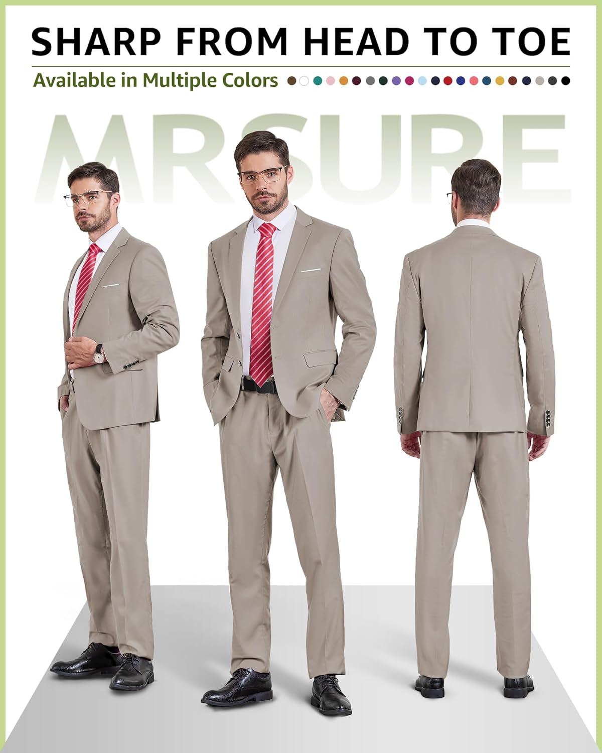 MrSure Men's 2 Piece Slim Fit Suit with Two-Button, Solid Stretch Jacket Pants & Tie Set. - Image 2