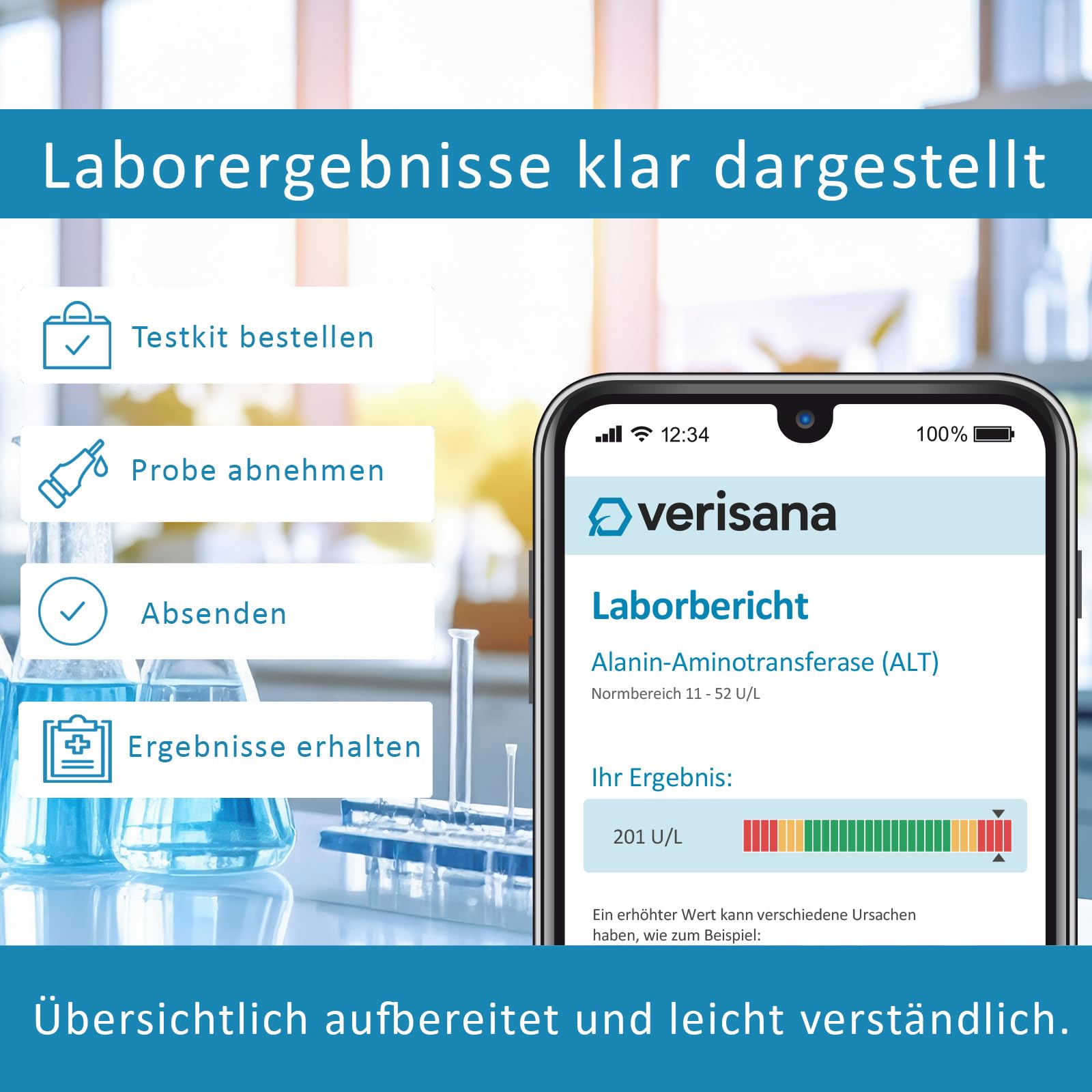 Verisana | Leber & Nieren Test | BUN, CREAT, ALT, AST & TBILI schnell und einfach bestimmen | Umfassender Leber und Nieren Check für zu Hause