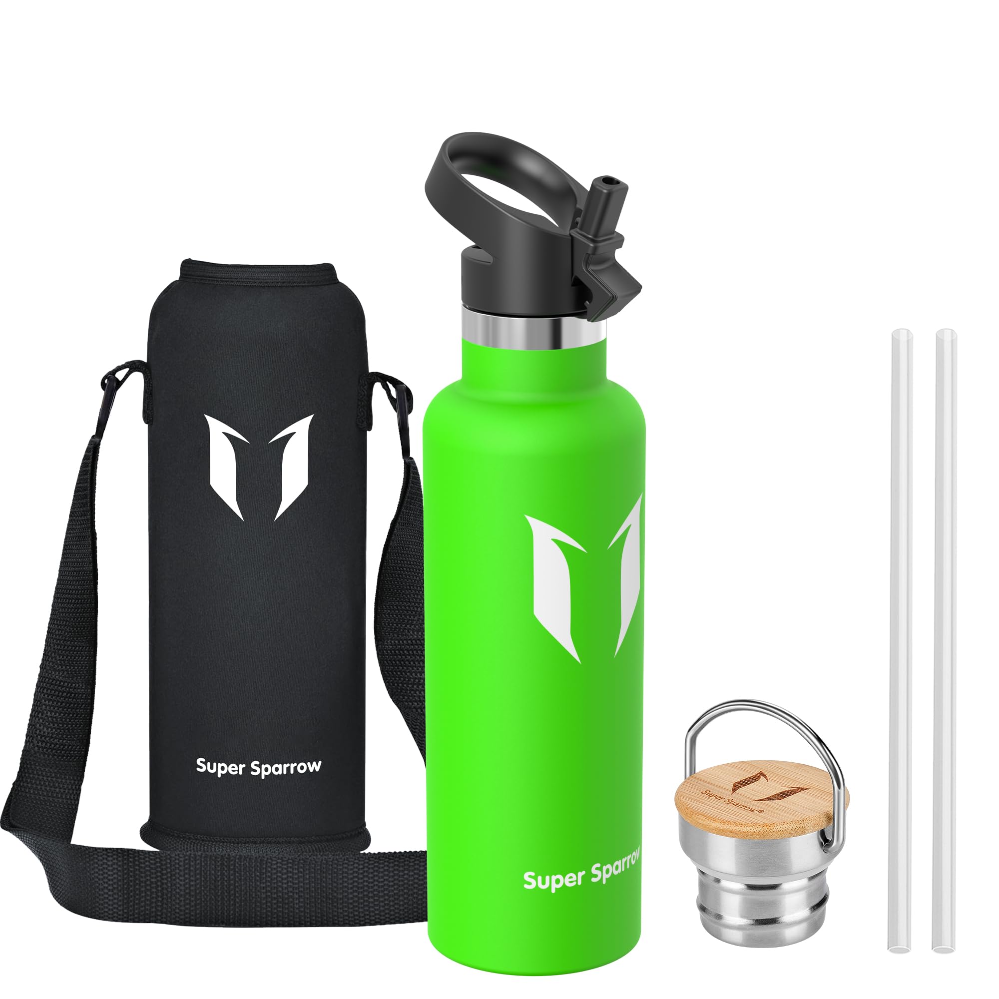 Super Sparrow Trinkflasche Edelstahl - 500ml/750ml/1L - Auslaufsicher Thermoskanne, BPA-Frei Wasserflasche - Thermosflasche Kinder für Sprudel, Sport, Schule, Fitness - Mit 2 Deckeln