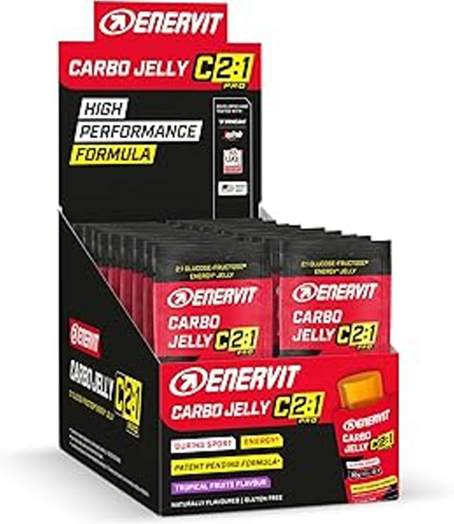Enervit Carbo Jelly C2:1PRO, Gelatinas Energéticas para Actividades de Resistencia de Alta Intensidad, 30g de Carbohidratos, Sabor Tropical, Máxima Tolerancia, Sin Gluten, Vegano, Caja de 20 Paquetes