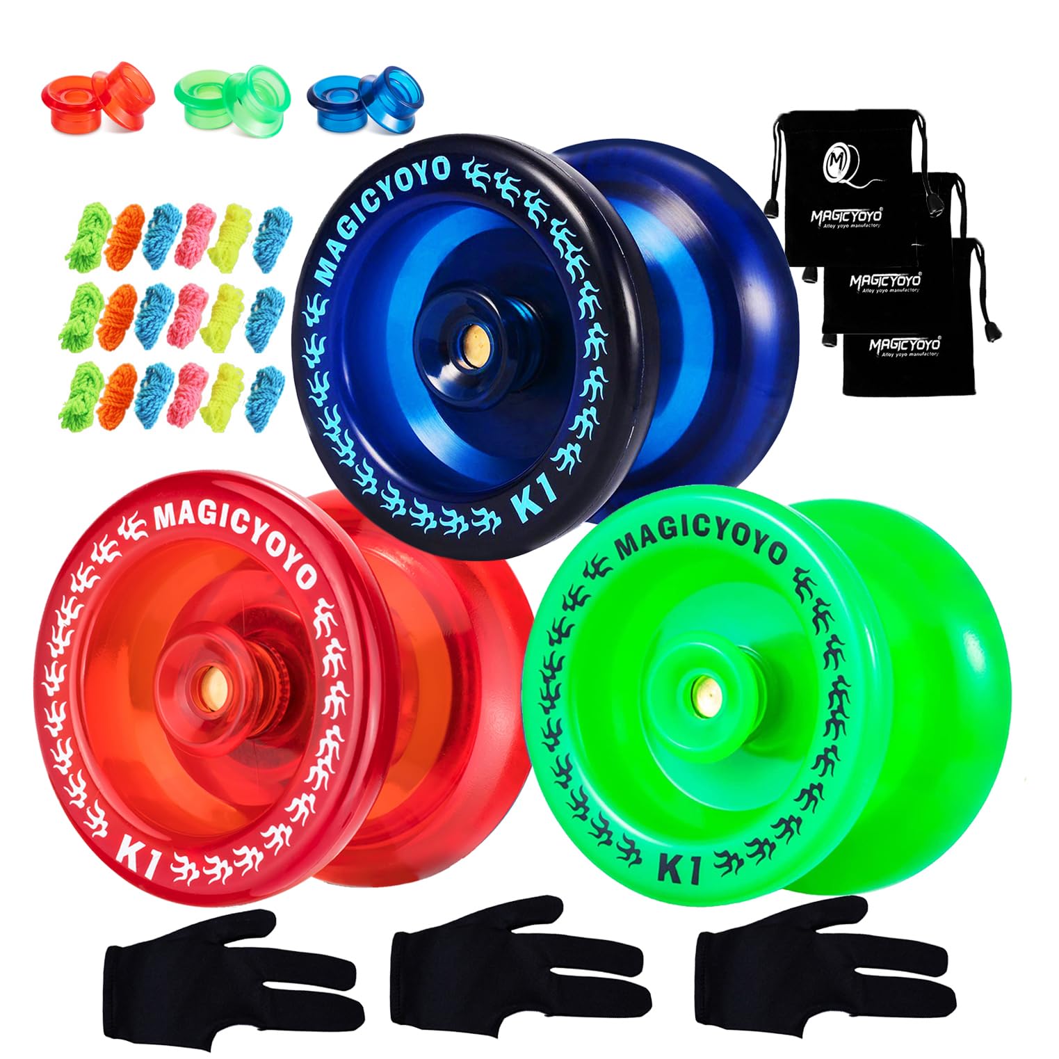 Pack of 3 Beginner Yoyos for Kids, K1-Plus Responsive Yoyos + 3 Yoyo Gloves, 3 Yoyo Bags, 18 Strings, All in A Gift Box - Blue +Red +Green