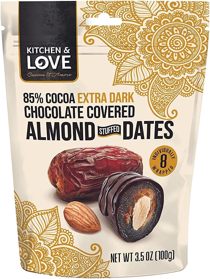 Kitchen & Love Chocolate Covered Almond Stuffed Dates in a Convenient Resealable Pouch, 8 Individually Wrapped Pieces, 85% Extra Dark Chocolate, Healthy Snack, 3.5 oz, Pack of 1