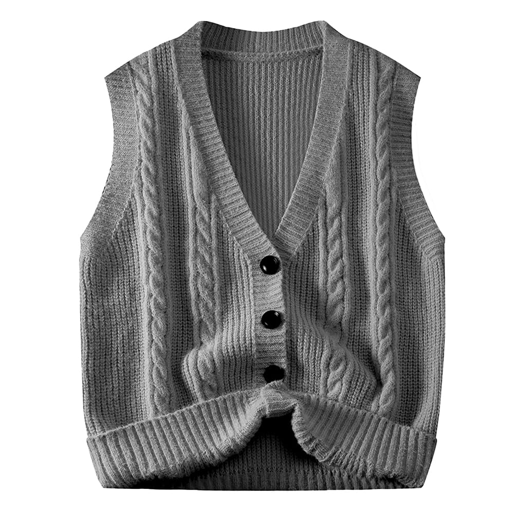 V Neck Cable Knit Sweater Vest Button Sleeveless Crop Knitwear Tank