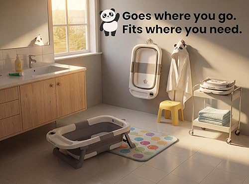 Miniatura 7 de Juego de bañera plegable 6 en 1 para bebé, bañera plegable para recién nacidos a niños pequeños, juego de baño portátil para bebés con cojín, gorra,