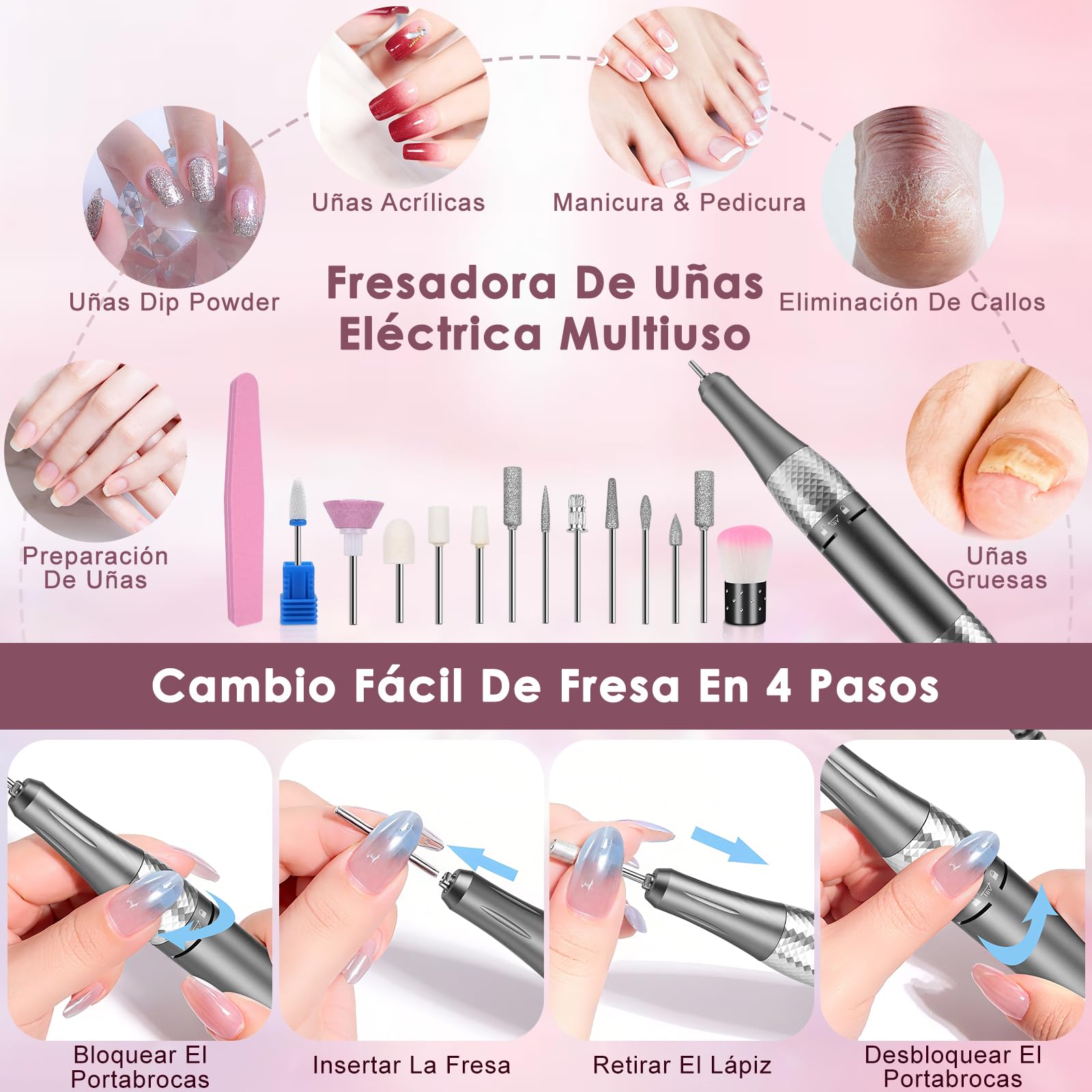 Dreamhigh® Torno para Uñas Profesional 45 000 RPM, Lima Eléctrica Uñas, Fresa para Uñas, Kit de Lima de Uñas Portátil, Manicura y Pedicura, Taladro Eléctrico para Retirar Gel/Esmalte, Rosa