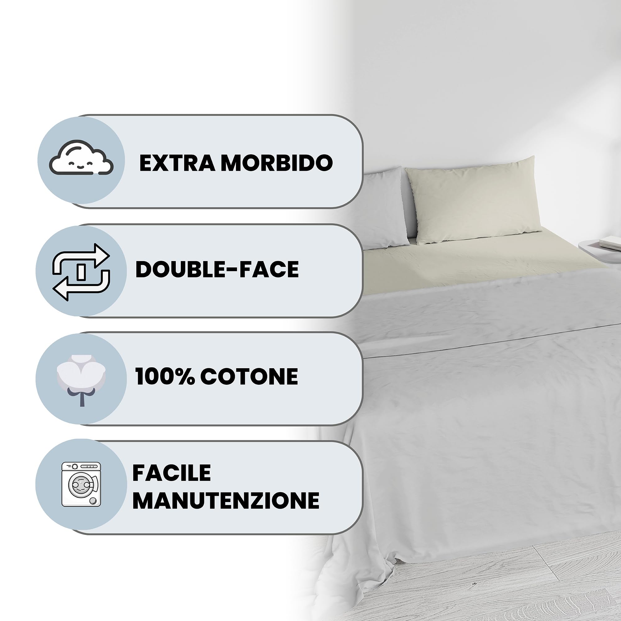 Italian Bed Linen COMPLETO LETTO MATRIMONIALE NATURAL COLOR 100% Cotone - Prodotto in Italia - Sopra 240x300 cm, Sotto 170x200 cm, Federe 50x80 cm Tinta Unita - DoubleFace - Grigio Chiaro/Panna