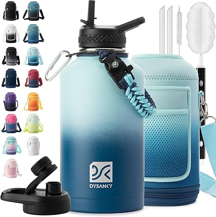 Insulated Water Bottle | Thickened Stainless Steel Vacuum Metal | Portable Sports Half Gallon Large Water Jug for Gym and Hiking with Straw, Carrier Bag, Handle Strap | BPA-Free 64 oz